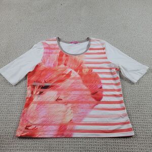 Basler Shirt Womens Small White Pink Striped Floral Casual Scoop Neck Half Sleev